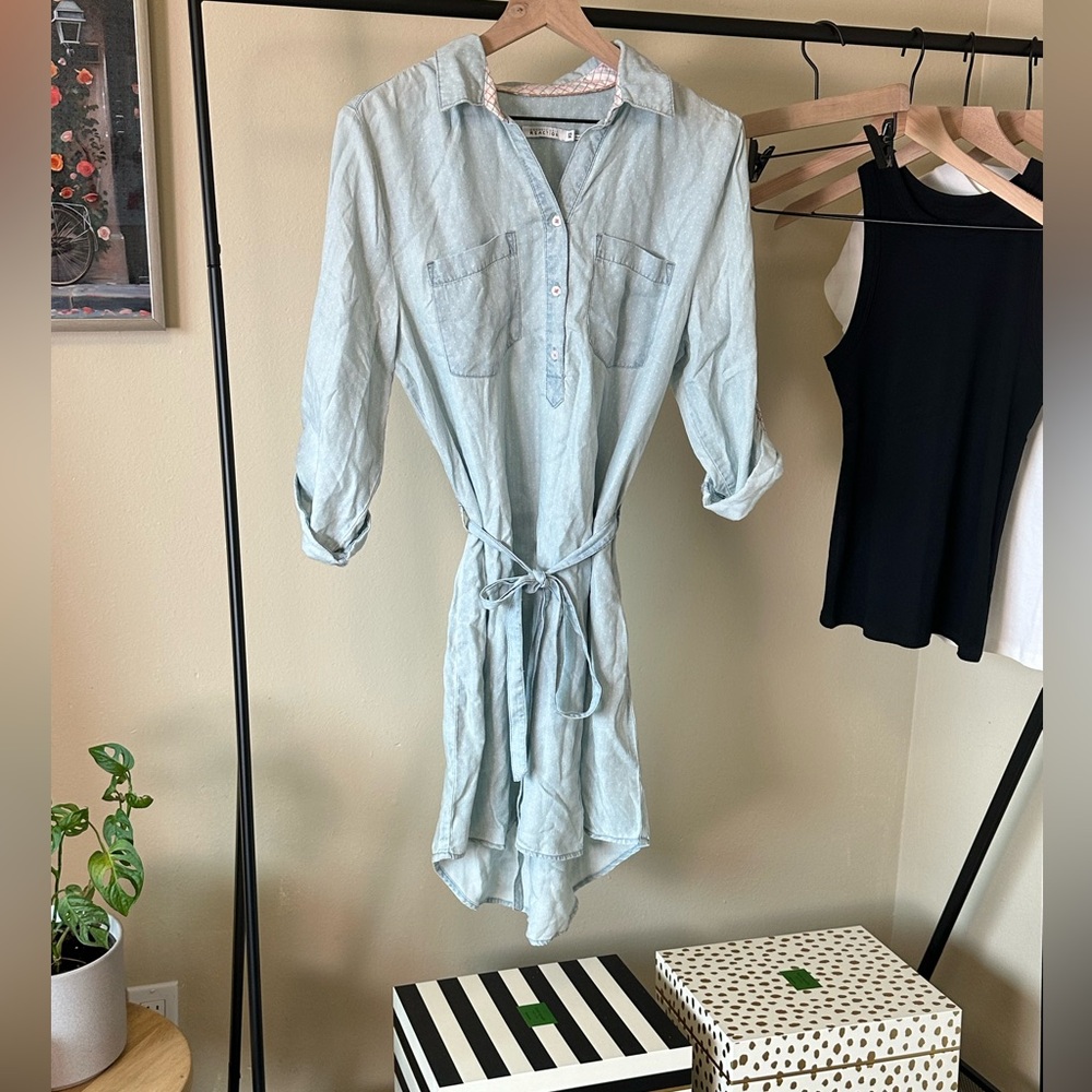 Kenneth Cole Reaction Tencel Polka Dot Light Wash Chambray Shirt Dress Size 12